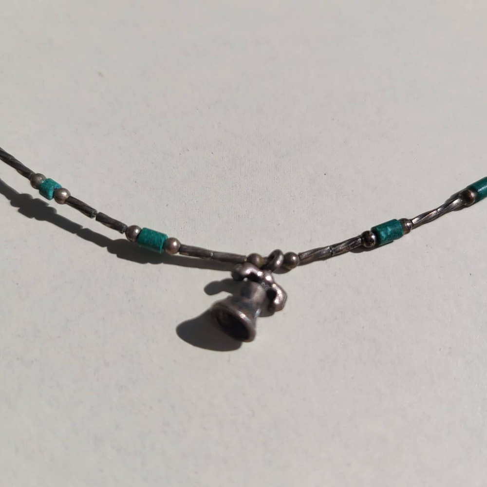 Vintage Liquid Silver Necklace Silver Turquoise Bell Pendant